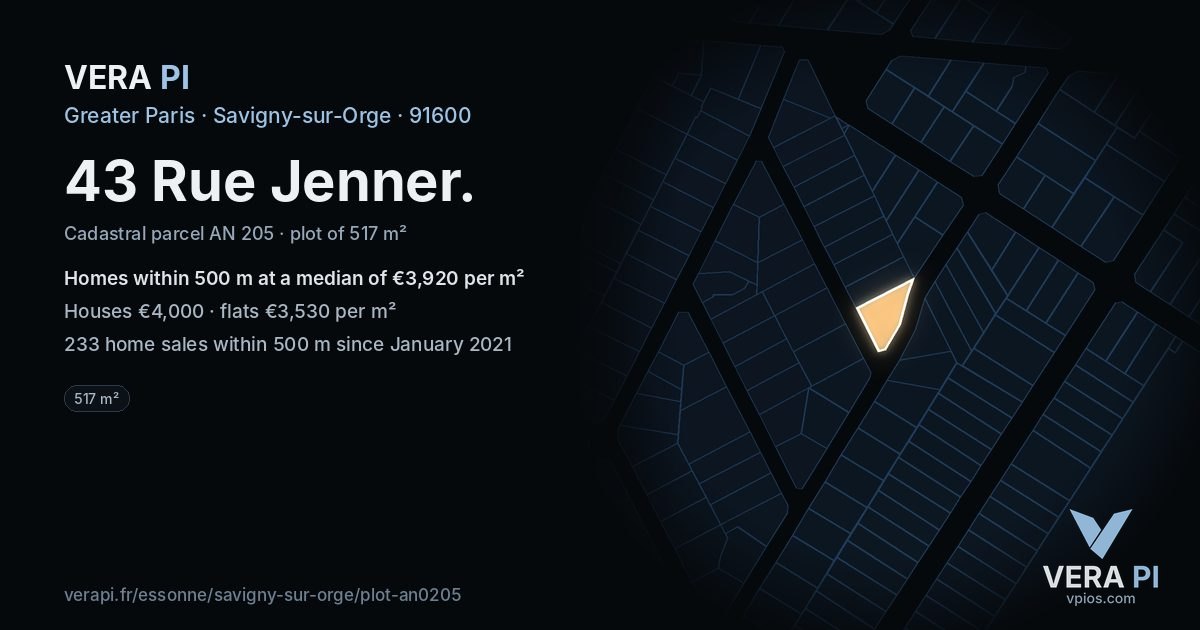 43 Rue Jenner, Savigny-sur-Orge at night – the plot lit, the parcels around coloured by the prices near them