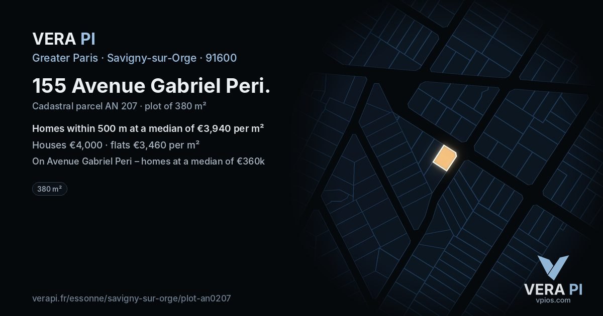 155 Avenue Gabriel Peri, Savigny-sur-Orge at night – the plot lit, the parcels around coloured by the prices near them
