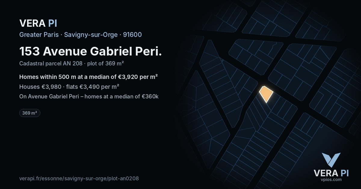 153 Avenue Gabriel Peri, Savigny-sur-Orge at night – the plot lit, the parcels around coloured by the prices near them