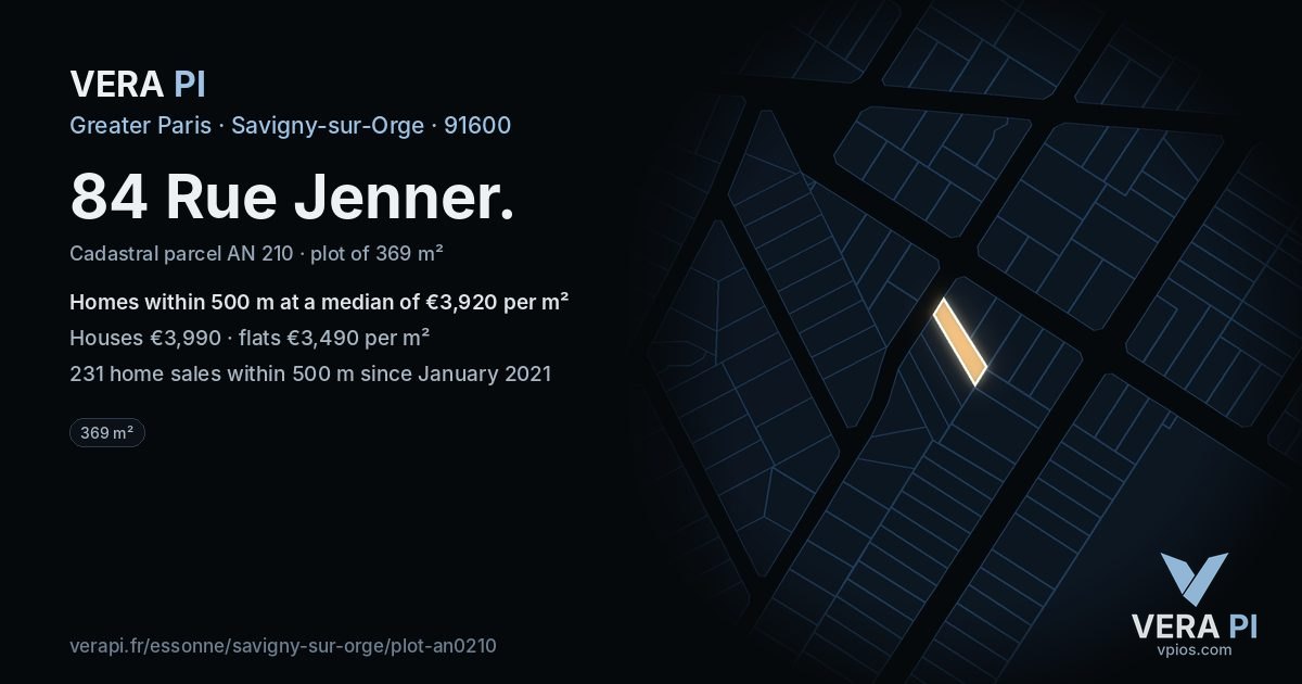 84 Rue Jenner, Savigny-sur-Orge at night – the plot lit, the parcels around coloured by the prices near them