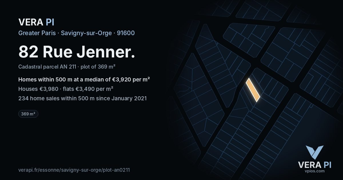 82 Rue Jenner, Savigny-sur-Orge at night – the plot lit, the parcels around coloured by the prices near them