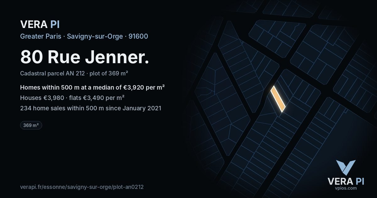 80 Rue Jenner, Savigny-sur-Orge at night – the plot lit, the parcels around coloured by the prices near them