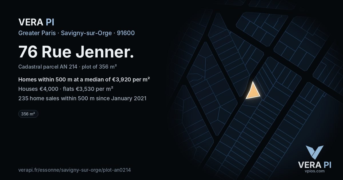 76 Rue Jenner, Savigny-sur-Orge at night – the plot lit, the parcels around coloured by the prices near them