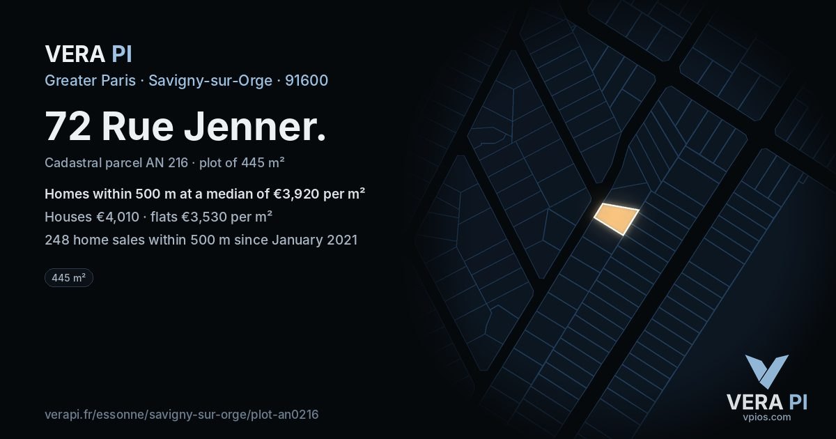 72 Rue Jenner, Savigny-sur-Orge at night – the plot lit, the parcels around coloured by the prices near them
