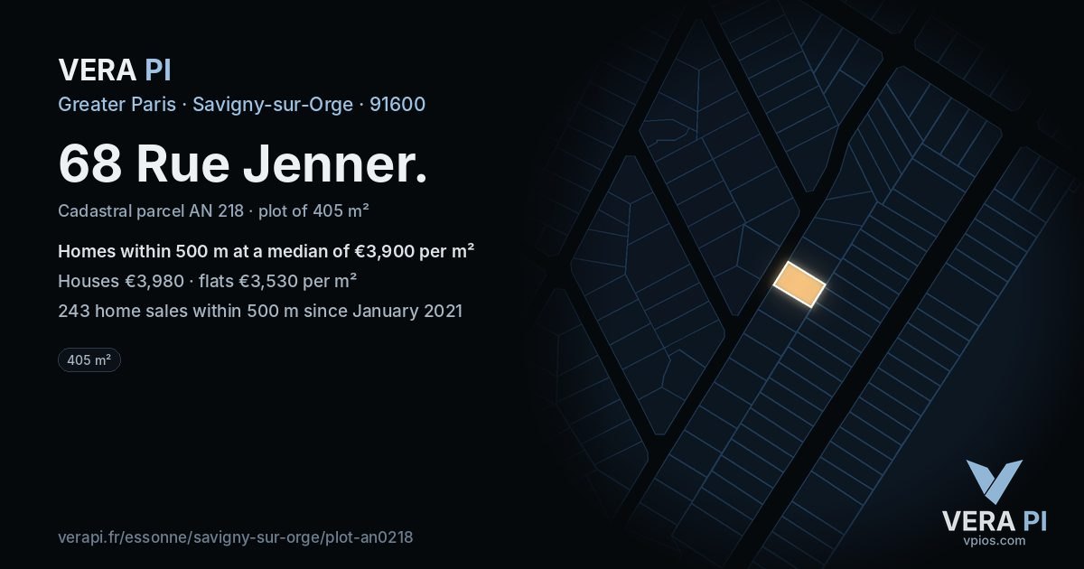 68 Rue Jenner, Savigny-sur-Orge at night – the plot lit, the parcels around coloured by the prices near them