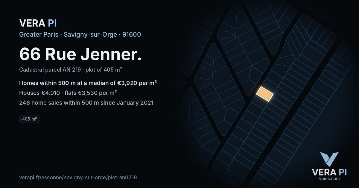 66 Rue Jenner, Savigny-sur-Orge at night – the plot lit, the parcels around coloured by the prices near them