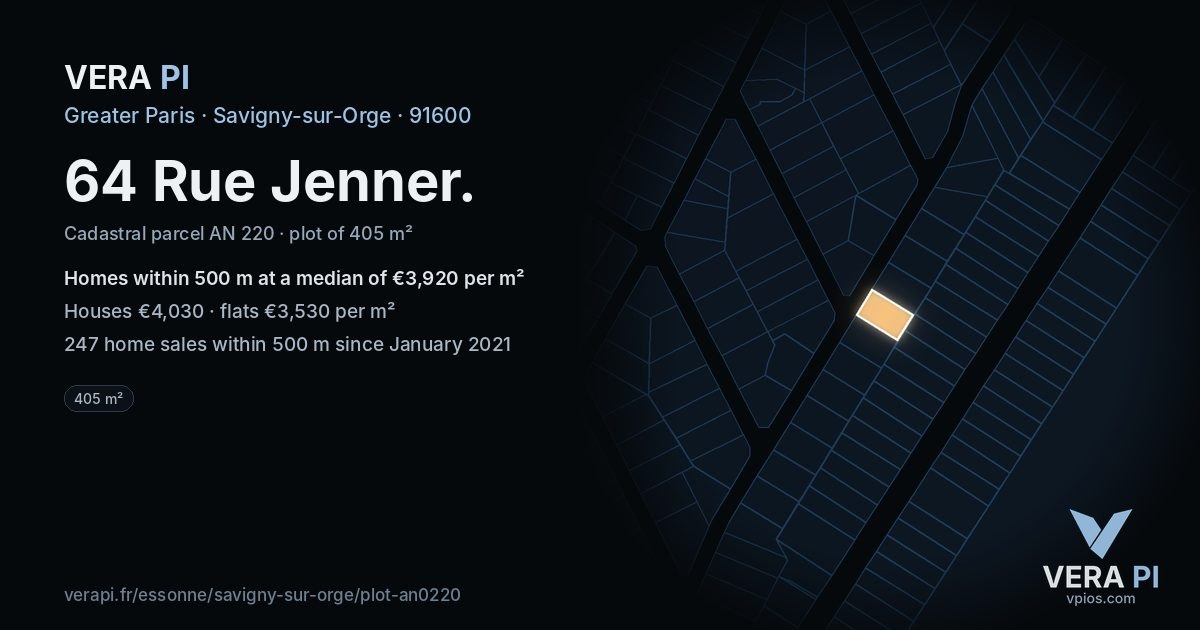 64 Rue Jenner, Savigny-sur-Orge at night – the plot lit, the parcels around coloured by the prices near them