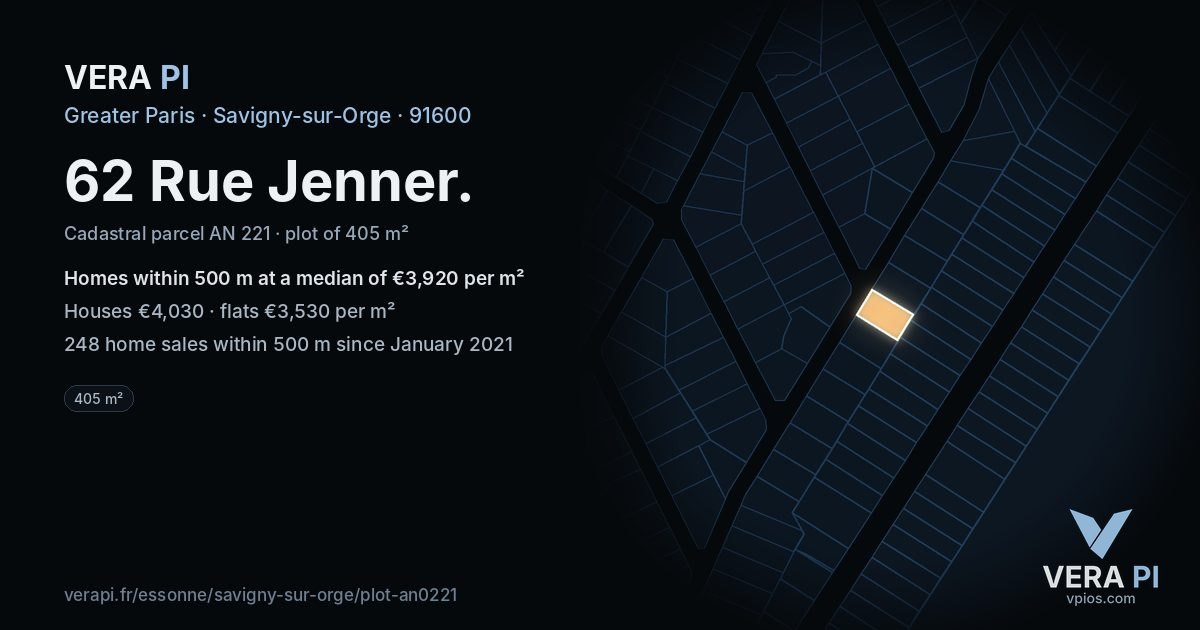 62 Rue Jenner, Savigny-sur-Orge at night – the plot lit, the parcels around coloured by the prices near them
