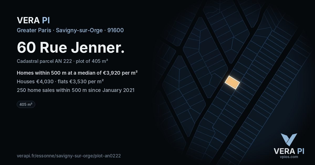 60 Rue Jenner, Savigny-sur-Orge at night – the plot lit, the parcels around coloured by the prices near them