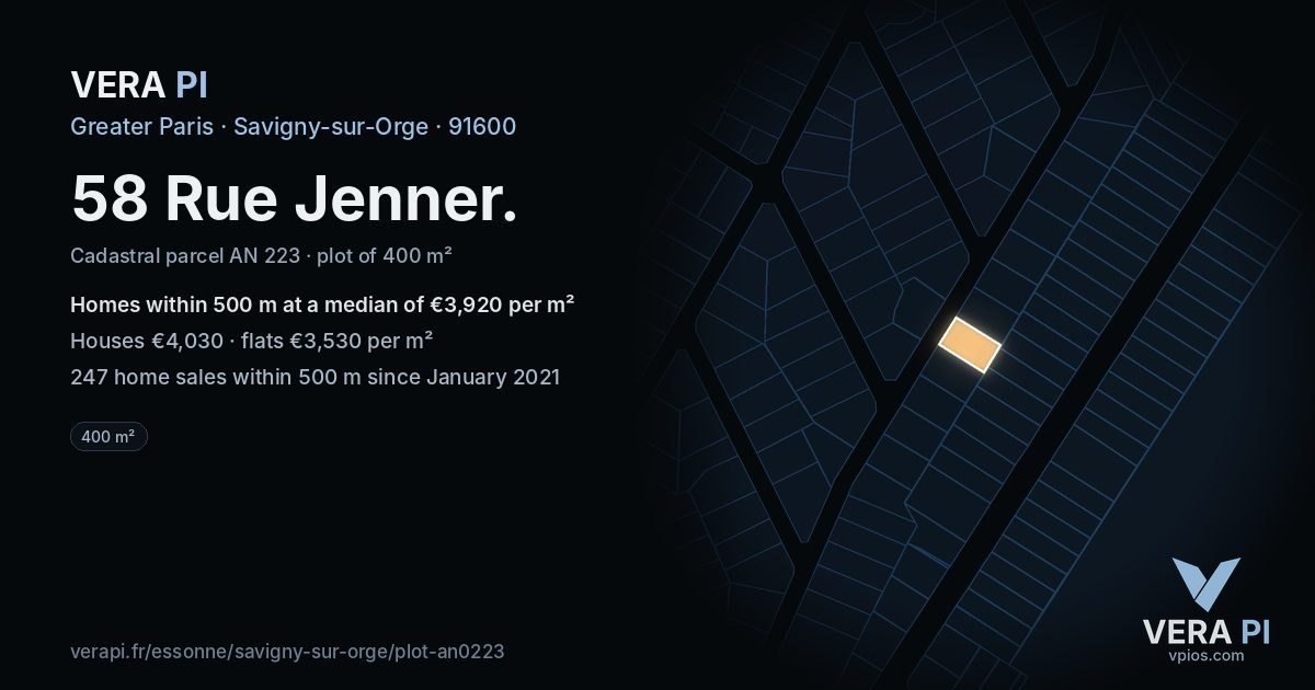 58 Rue Jenner, Savigny-sur-Orge at night – the plot lit, the parcels around coloured by the prices near them