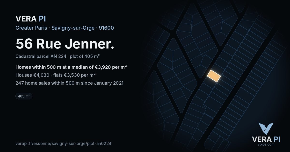 56 Rue Jenner, Savigny-sur-Orge at night – the plot lit, the parcels around coloured by the prices near them