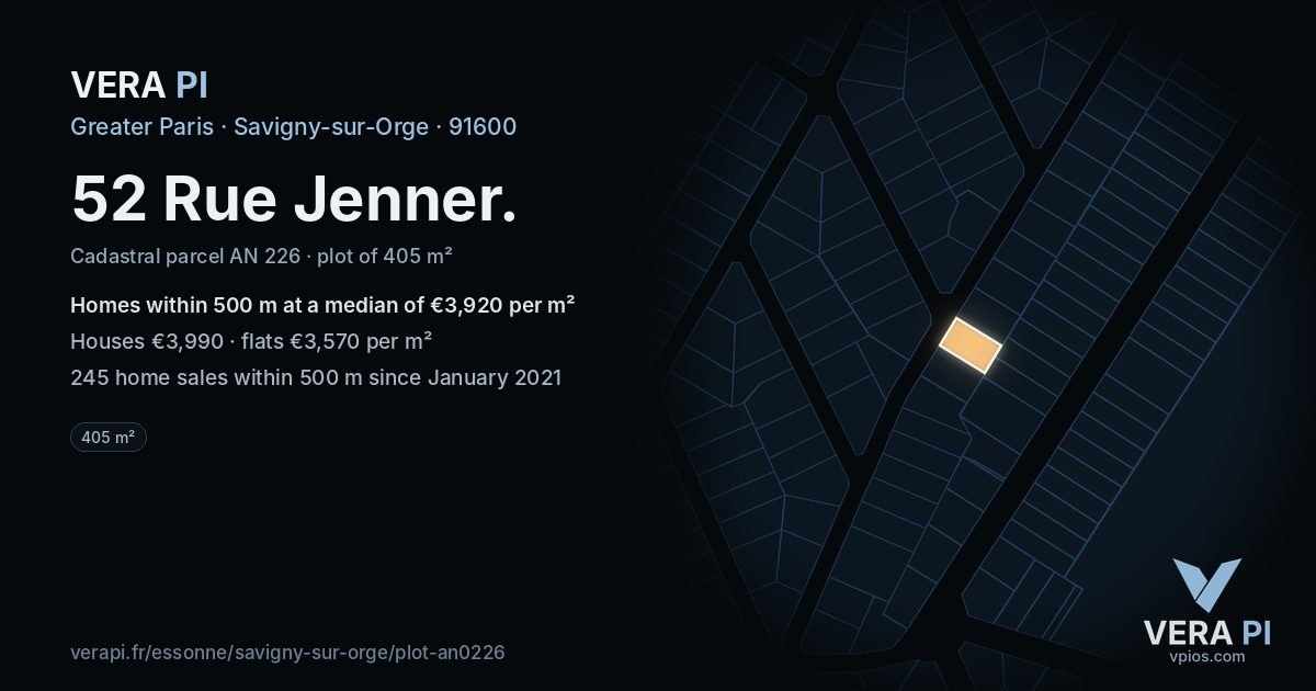 52 Rue Jenner, Savigny-sur-Orge at night – the plot lit, the parcels around coloured by the prices near them