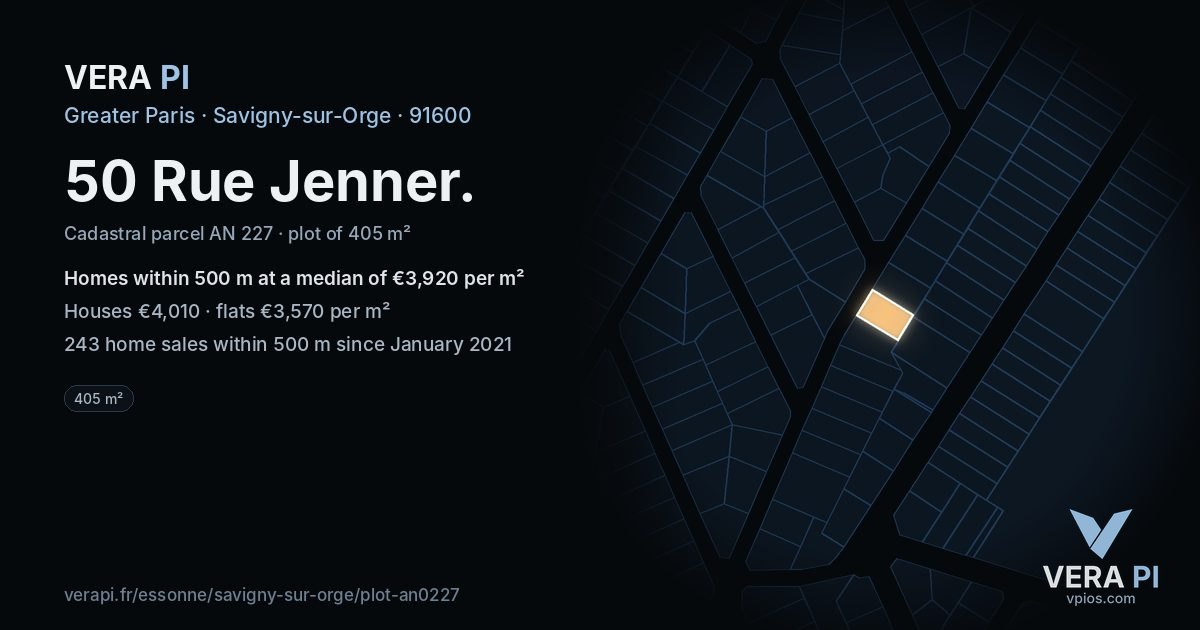 50 Rue Jenner, Savigny-sur-Orge at night – the plot lit, the parcels around coloured by the prices near them