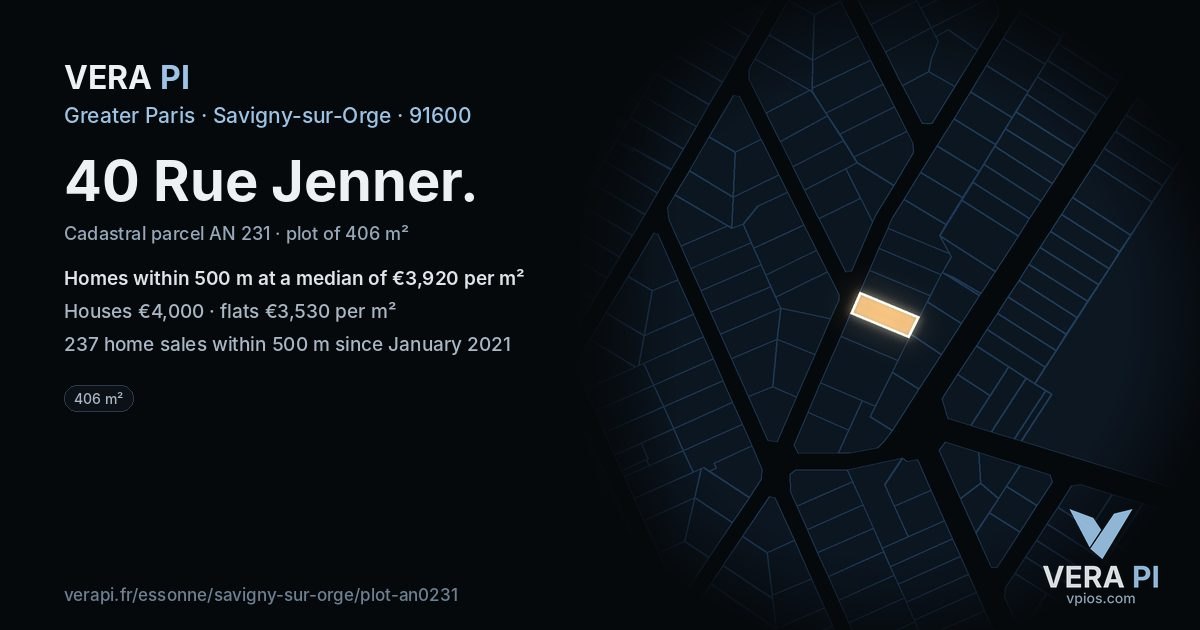 40 Rue Jenner, Savigny-sur-Orge at night – the plot lit, the parcels around coloured by the prices near them