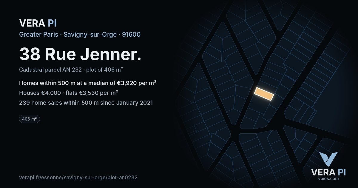 38 Rue Jenner, Savigny-sur-Orge at night – the plot lit, the parcels around coloured by the prices near them