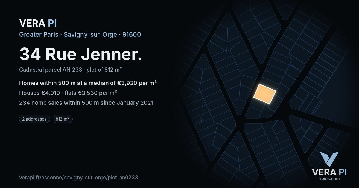 34 Rue Jenner, Savigny-sur-Orge at night – the plot lit, the parcels around coloured by the prices near them