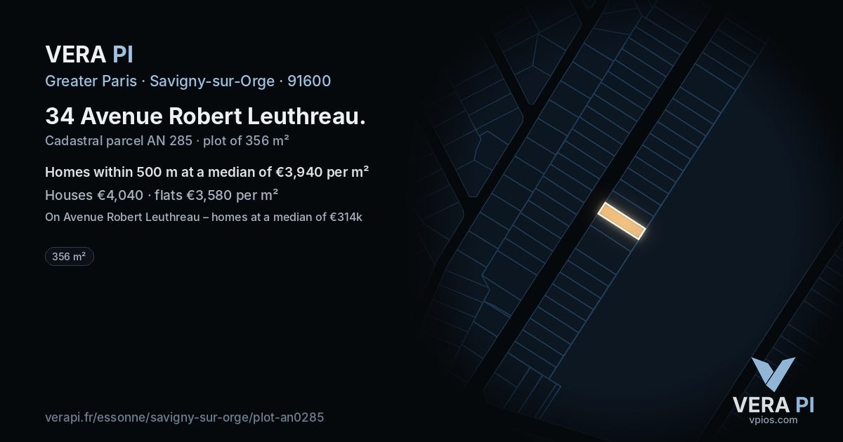 34 Avenue Robert Leuthreau, Savigny-sur-Orge at night – the plot lit, the parcels around coloured by the prices near them