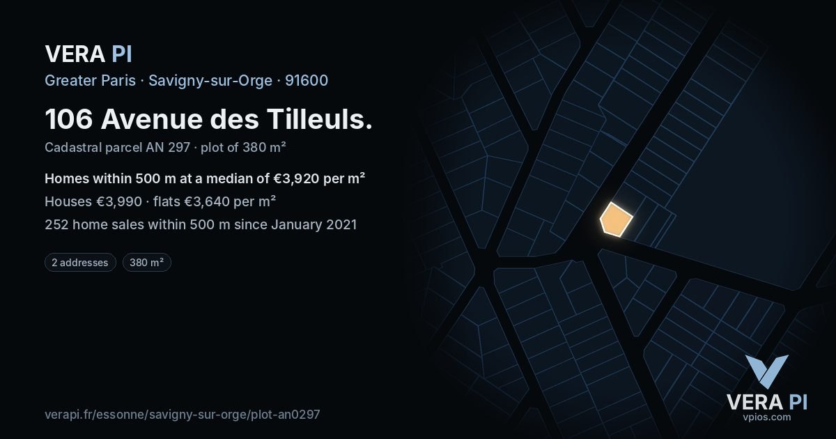 106 Avenue des Tilleuls, Savigny-sur-Orge at night – the plot lit, the parcels around coloured by the prices near them