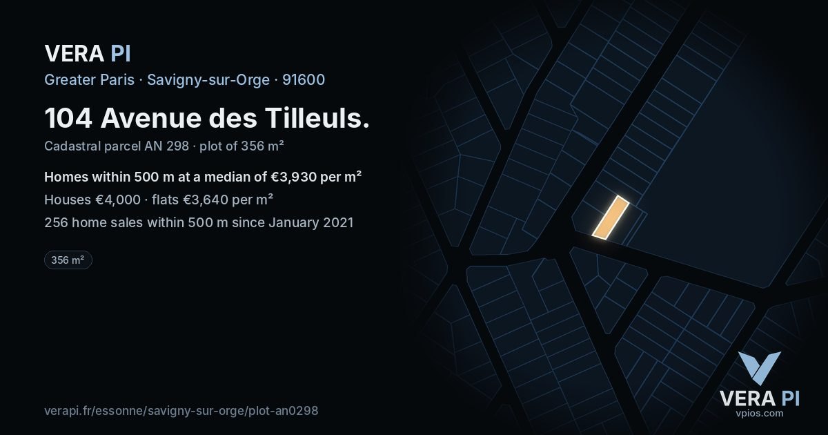 104 Avenue des Tilleuls, Savigny-sur-Orge at night – the plot lit, the parcels around coloured by the prices near them
