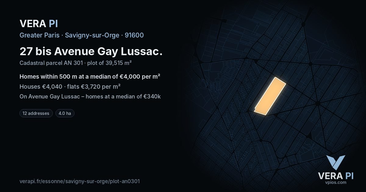 27 bis Avenue Gay Lussac, Savigny-sur-Orge at night – the plot lit, the parcels around coloured by the prices near them