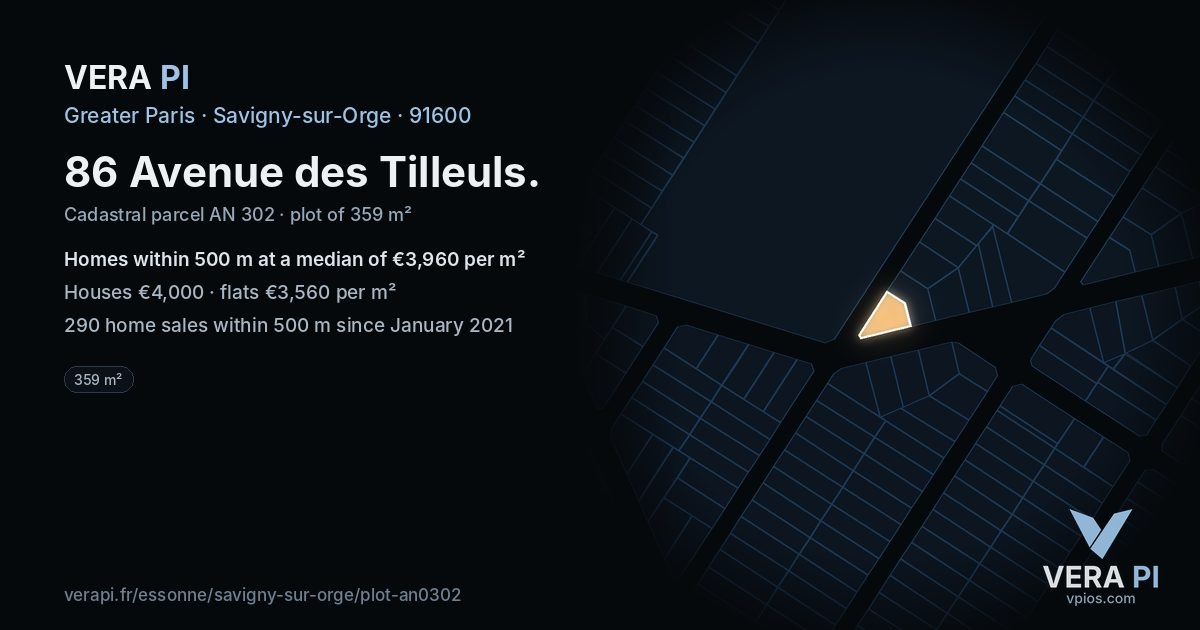 86 Avenue des Tilleuls, Savigny-sur-Orge at night – the plot lit, the parcels around coloured by the prices near them