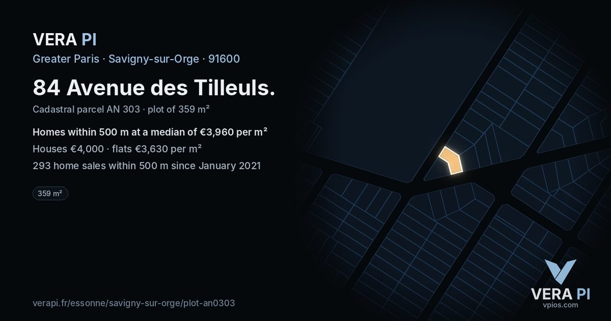 84 Avenue des Tilleuls, Savigny-sur-Orge at night – the plot lit, the parcels around coloured by the prices near them