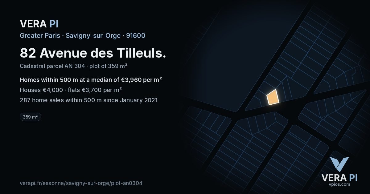 82 Avenue des Tilleuls, Savigny-sur-Orge at night – the plot lit, the parcels around coloured by the prices near them