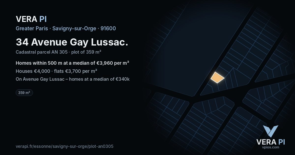 34 Avenue Gay Lussac, Savigny-sur-Orge at night – the plot lit, the parcels around coloured by the prices near them