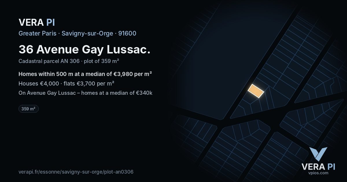 36 Avenue Gay Lussac, Savigny-sur-Orge at night – the plot lit, the parcels around coloured by the prices near them