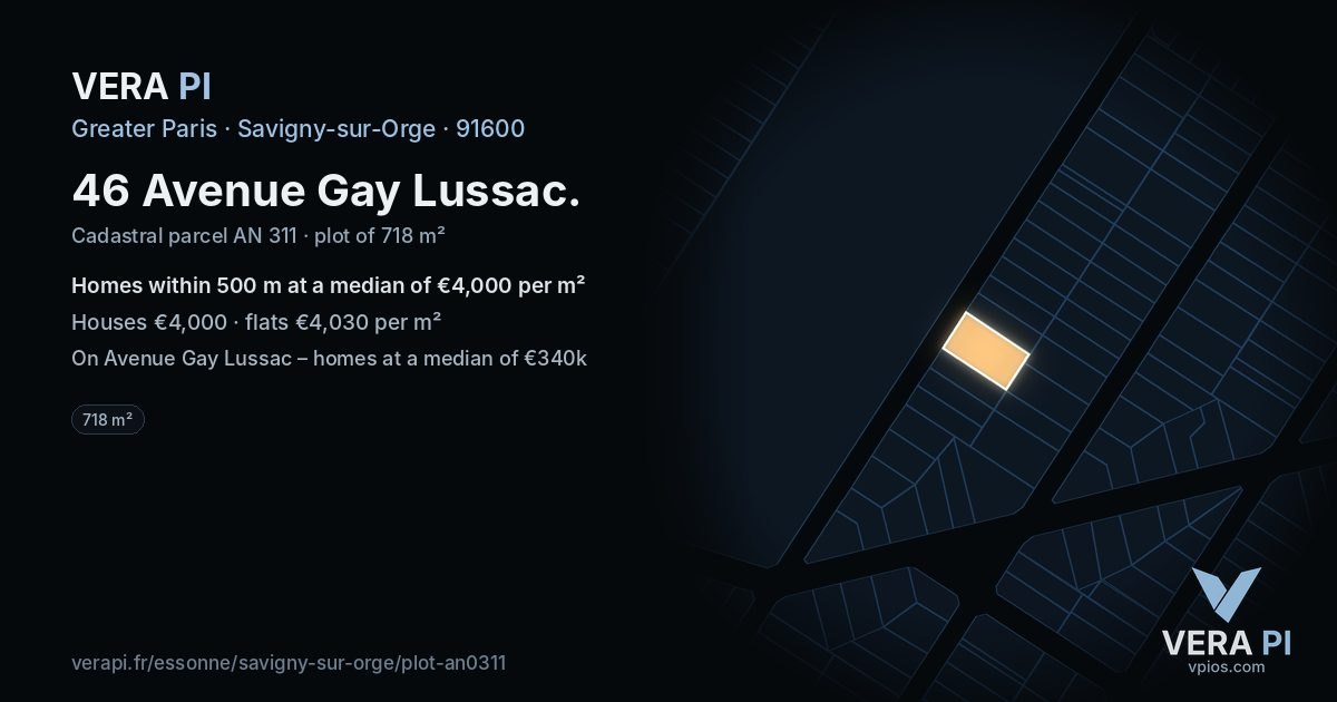 46 Avenue Gay Lussac, Savigny-sur-Orge at night – the plot lit, the parcels around coloured by the prices near them
