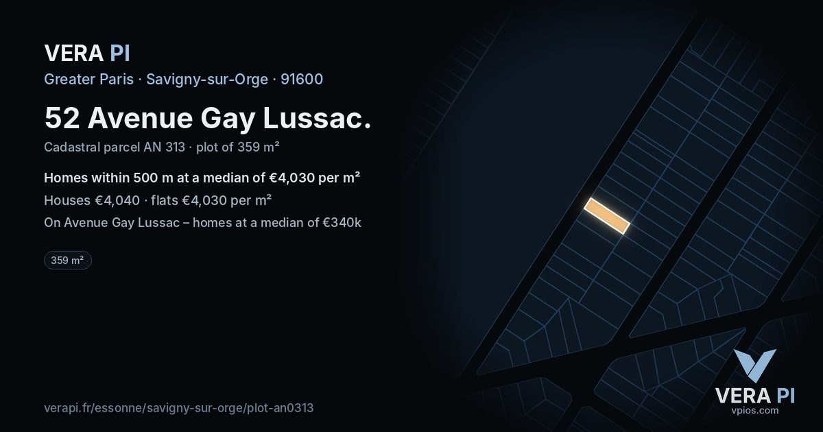 52 Avenue Gay Lussac, Savigny-sur-Orge at night – the plot lit, the parcels around coloured by the prices near them
