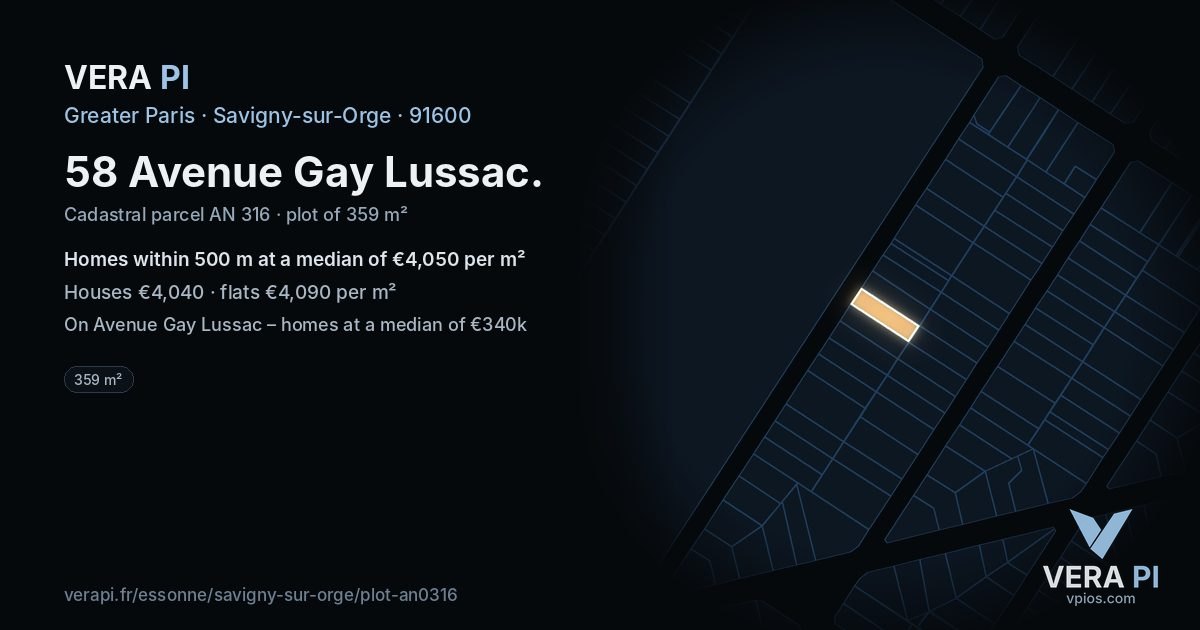 58 Avenue Gay Lussac, Savigny-sur-Orge at night – the plot lit, the parcels around coloured by the prices near them