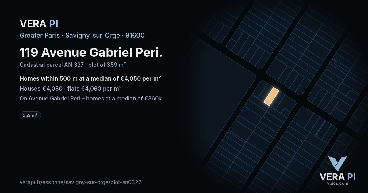 119 Avenue Gabriel Peri, Savigny-sur-Orge at night – the plot lit, the parcels around coloured by the prices near them