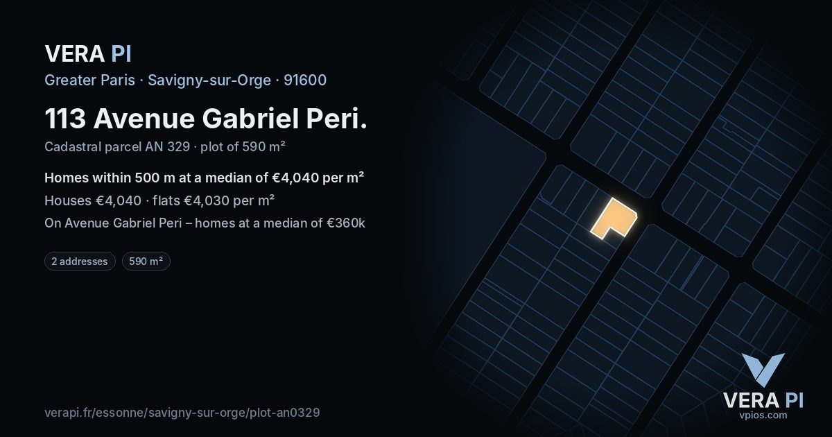 113 Avenue Gabriel Peri, Savigny-sur-Orge at night – the plot lit, the parcels around coloured by the prices near them