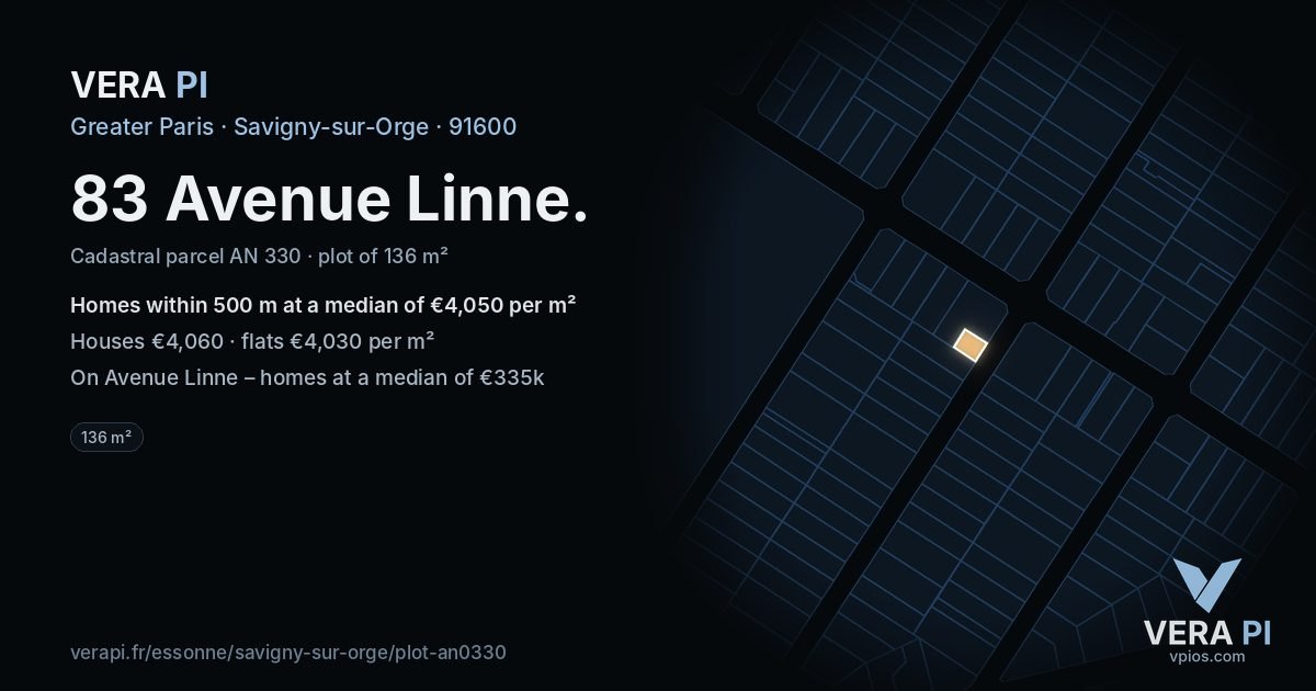 83 Avenue Linne, Savigny-sur-Orge at night – the plot lit, the parcels around coloured by the prices near them