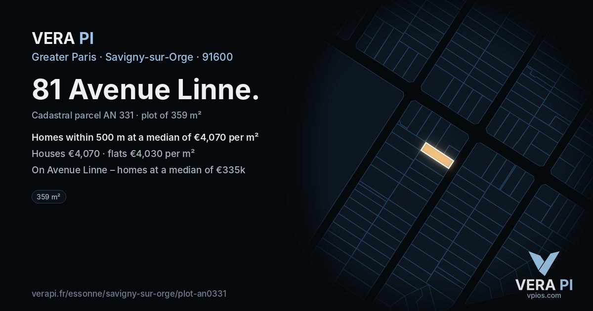81 Avenue Linne, Savigny-sur-Orge at night – the plot lit, the parcels around coloured by the prices near them