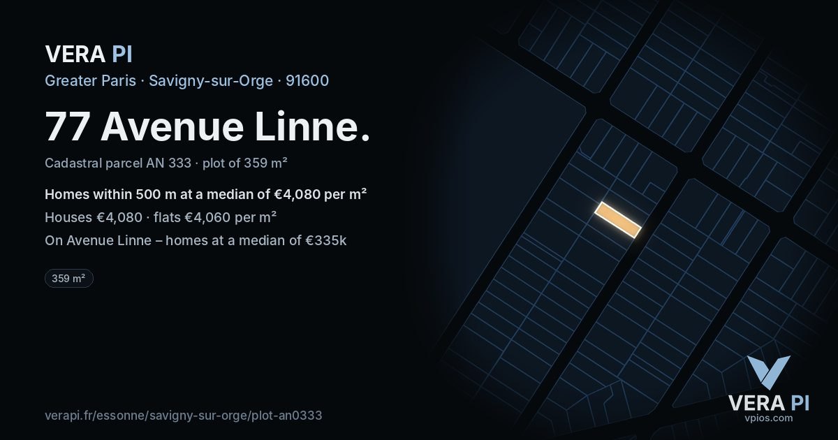 77 Avenue Linne, Savigny-sur-Orge at night – the plot lit, the parcels around coloured by the prices near them