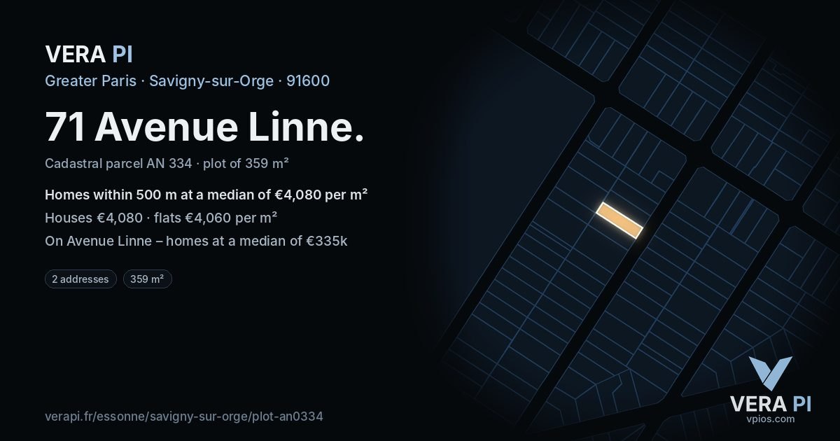 71 Avenue Linne, Savigny-sur-Orge at night – the plot lit, the parcels around coloured by the prices near them