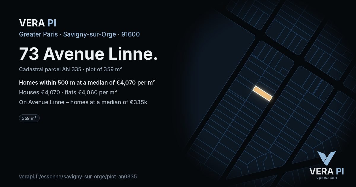 73 Avenue Linne, Savigny-sur-Orge at night – the plot lit, the parcels around coloured by the prices near them
