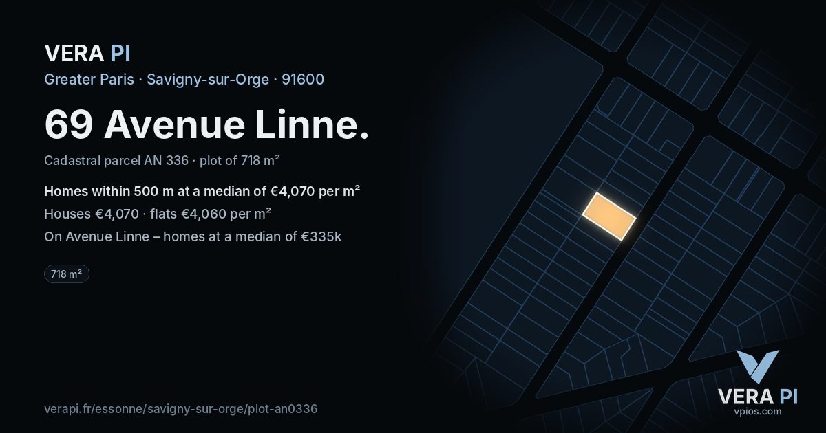 69 Avenue Linne, Savigny-sur-Orge at night – the plot lit, the parcels around coloured by the prices near them