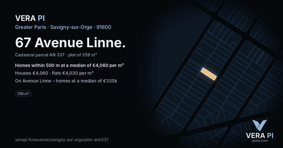 67 Avenue Linne, Savigny-sur-Orge at night – the plot lit, the parcels around coloured by the prices near them