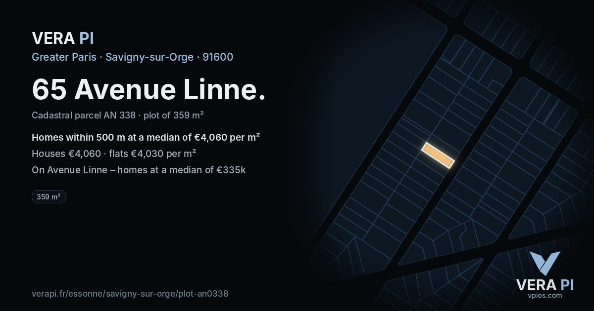65 Avenue Linne, Savigny-sur-Orge at night – the plot lit, the parcels around coloured by the prices near them