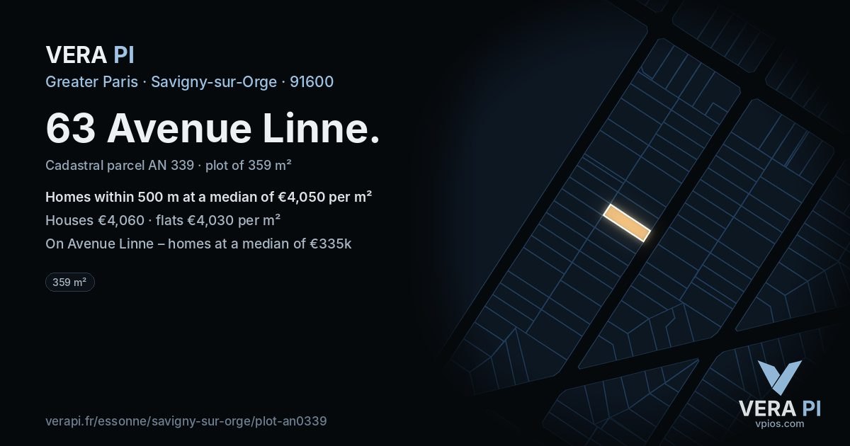 63 Avenue Linne, Savigny-sur-Orge at night – the plot lit, the parcels around coloured by the prices near them
