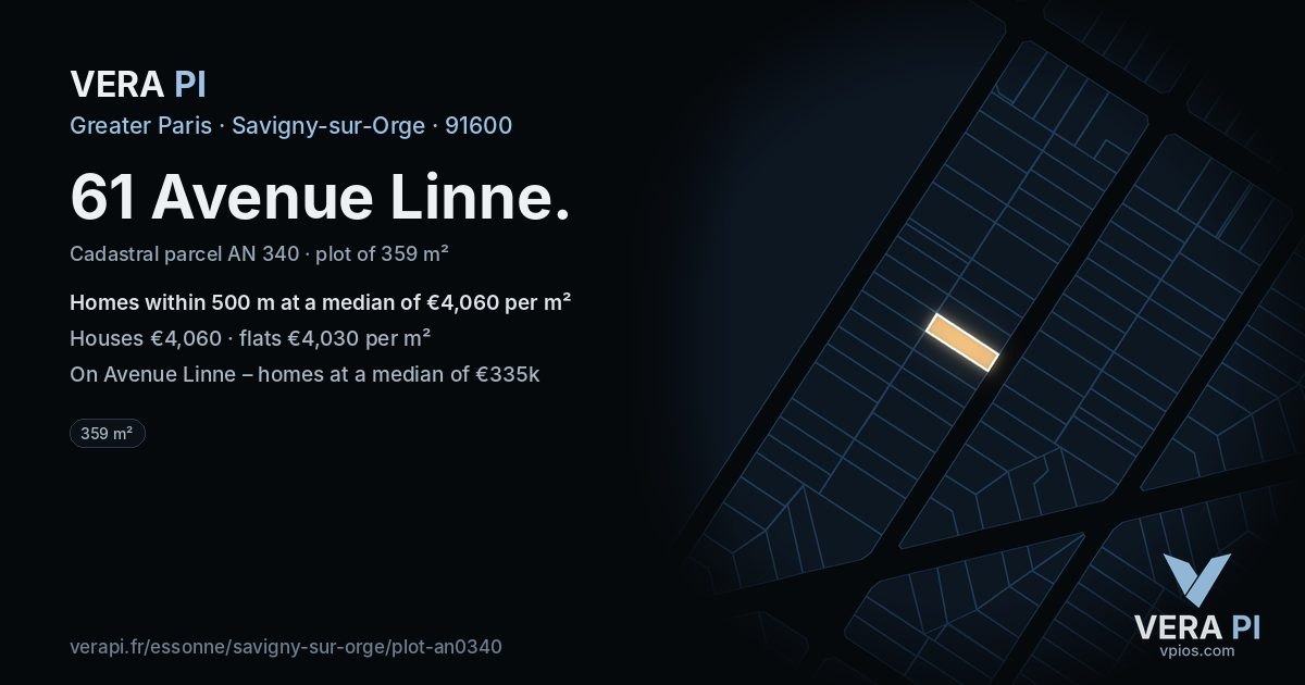 61 Avenue Linne, Savigny-sur-Orge at night – the plot lit, the parcels around coloured by the prices near them