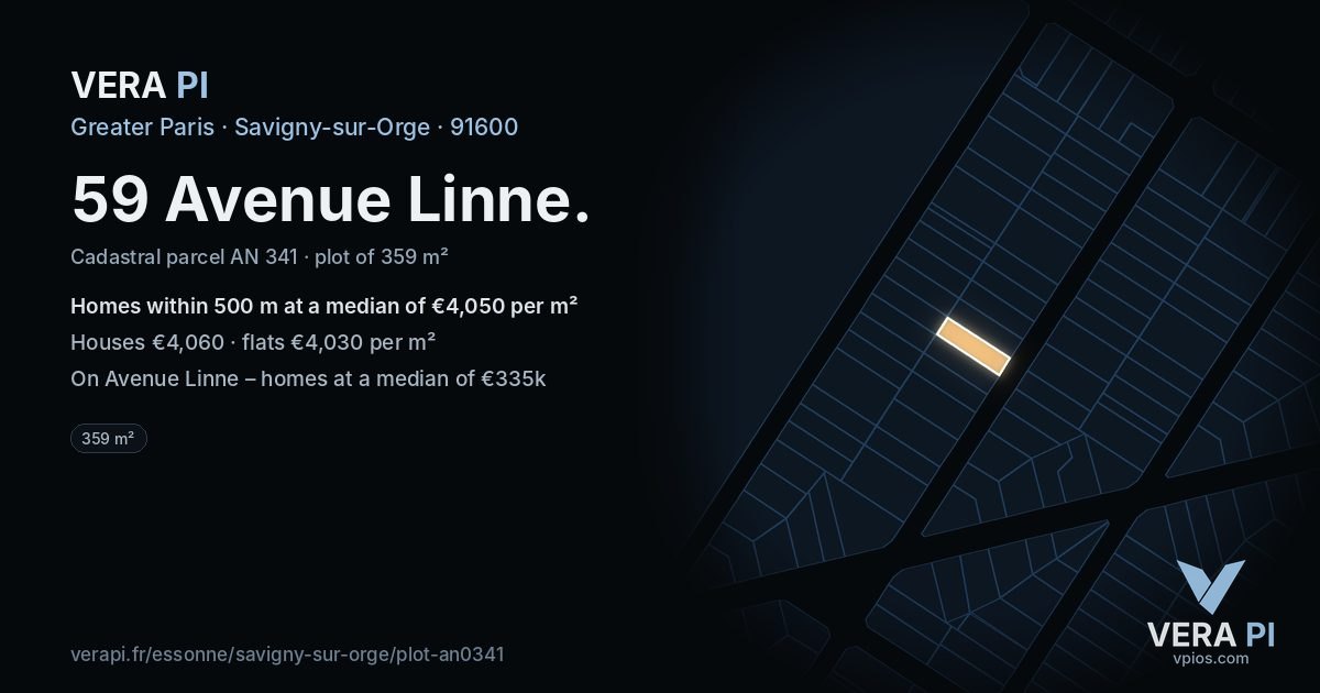 59 Avenue Linne, Savigny-sur-Orge at night – the plot lit, the parcels around coloured by the prices near them