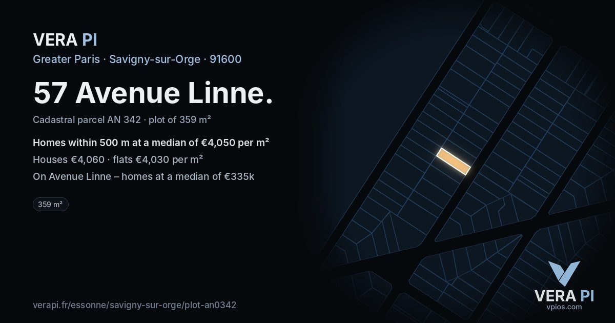 57 Avenue Linne, Savigny-sur-Orge at night – the plot lit, the parcels around coloured by the prices near them