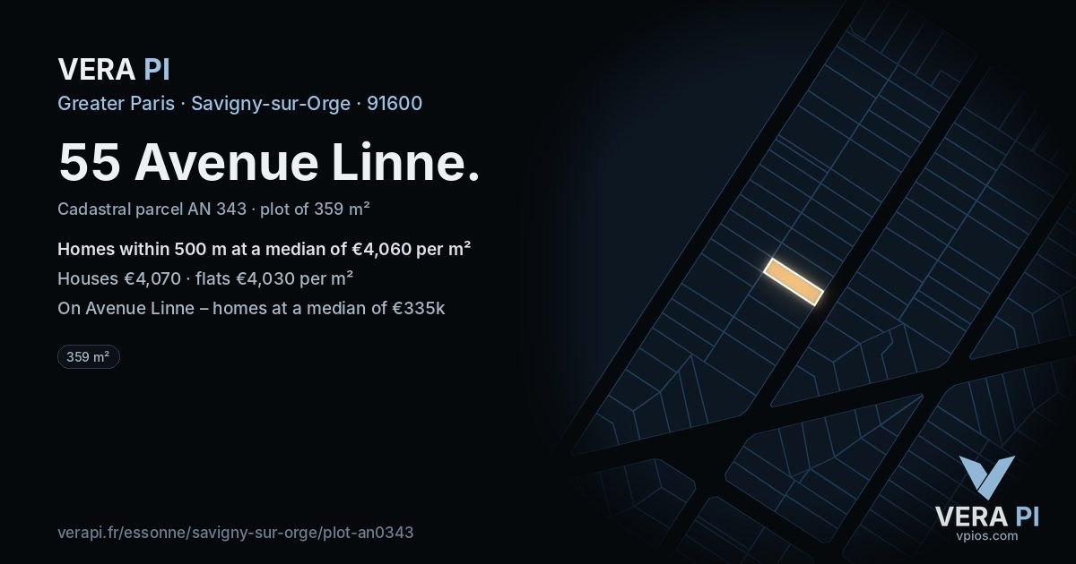 55 Avenue Linne, Savigny-sur-Orge at night – the plot lit, the parcels around coloured by the prices near them
