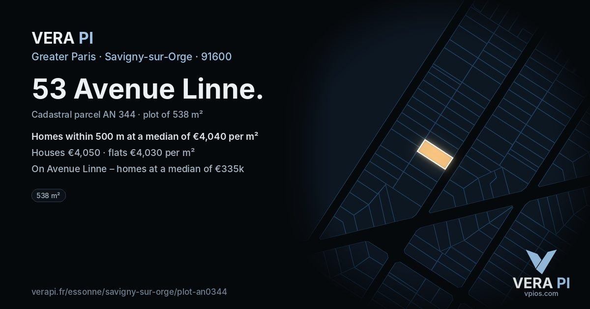 53 Avenue Linne, Savigny-sur-Orge at night – the plot lit, the parcels around coloured by the prices near them