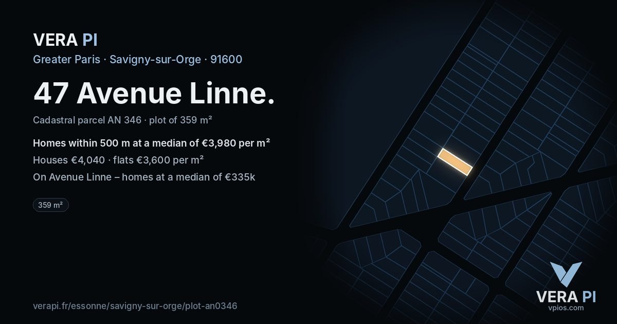 47 Avenue Linne, Savigny-sur-Orge at night – the plot lit, the parcels around coloured by the prices near them