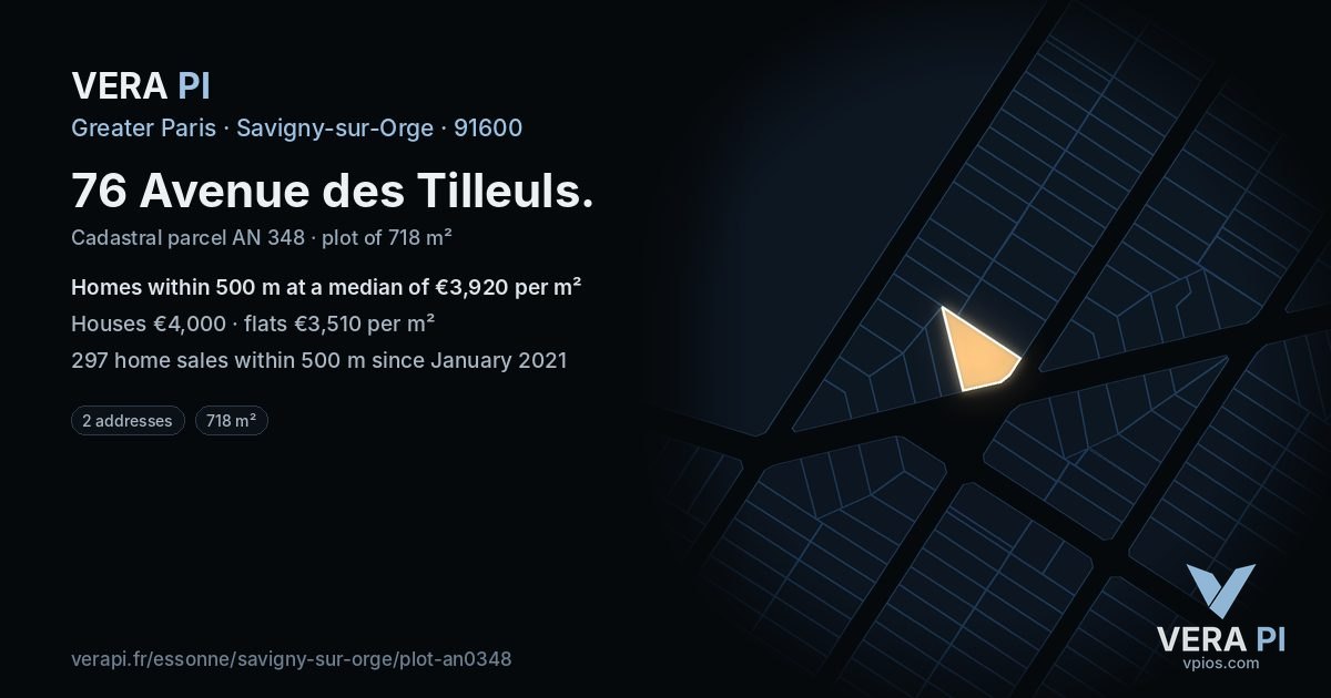 76 Avenue des Tilleuls, Savigny-sur-Orge at night – the plot lit, the parcels around coloured by the prices near them